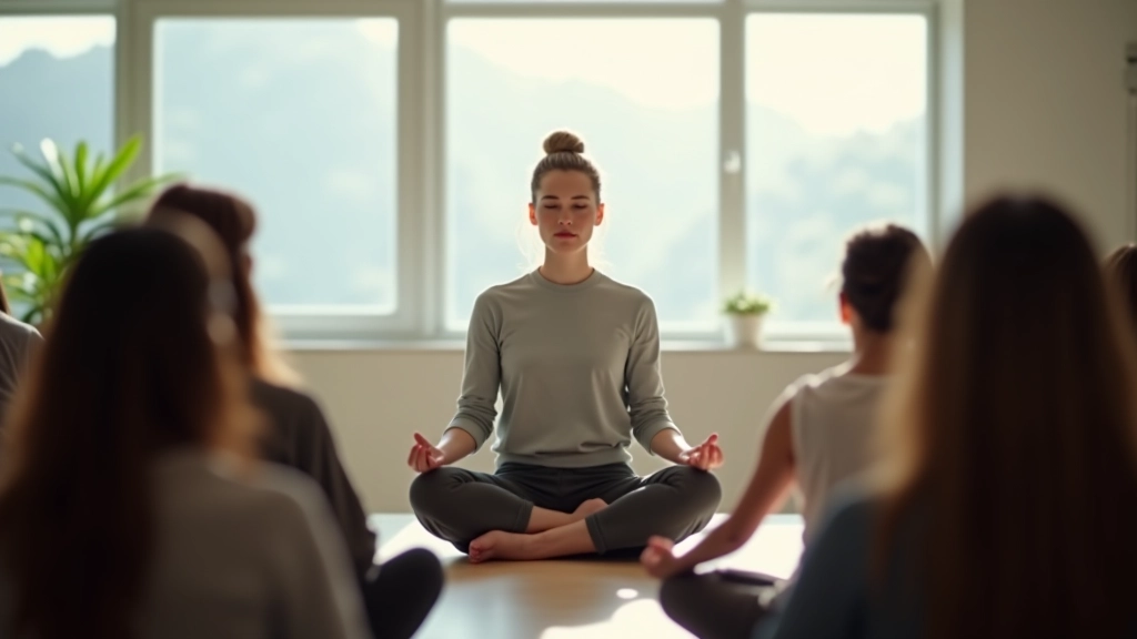 Michael Wong conducting a mindfulness session with professionals in a modern Hong Kong training space, calm and focused environment