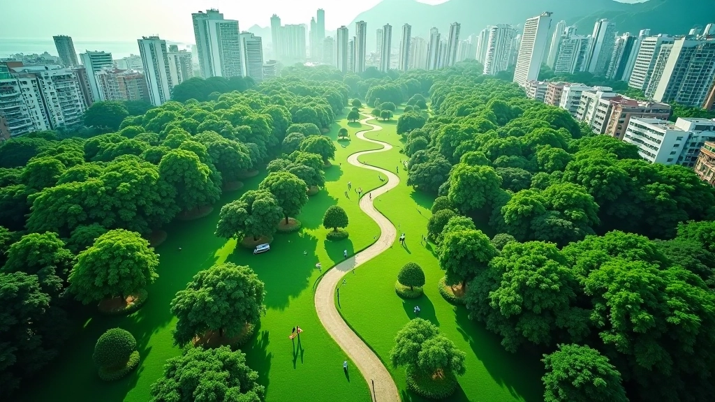 Overhead view of person lying on green grass in peaceful park setting, trees and nature surrounding
