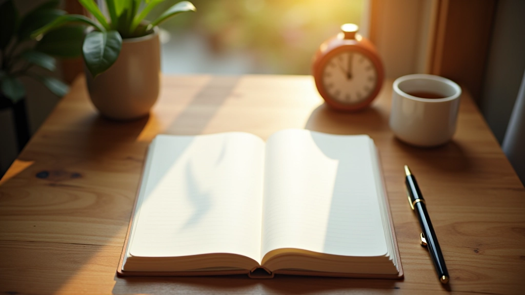 Top-down view of open journal and pen on wooden table, meditation timer and tea cup nearby, morning sunlight streaming across surface, peaceful workspace setup