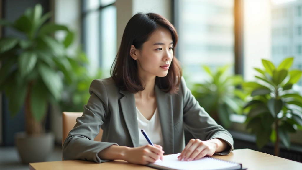Woman sitting at desk with notebook and pen, writing thoughtfully, bright office with plants, morning light streaming through windows