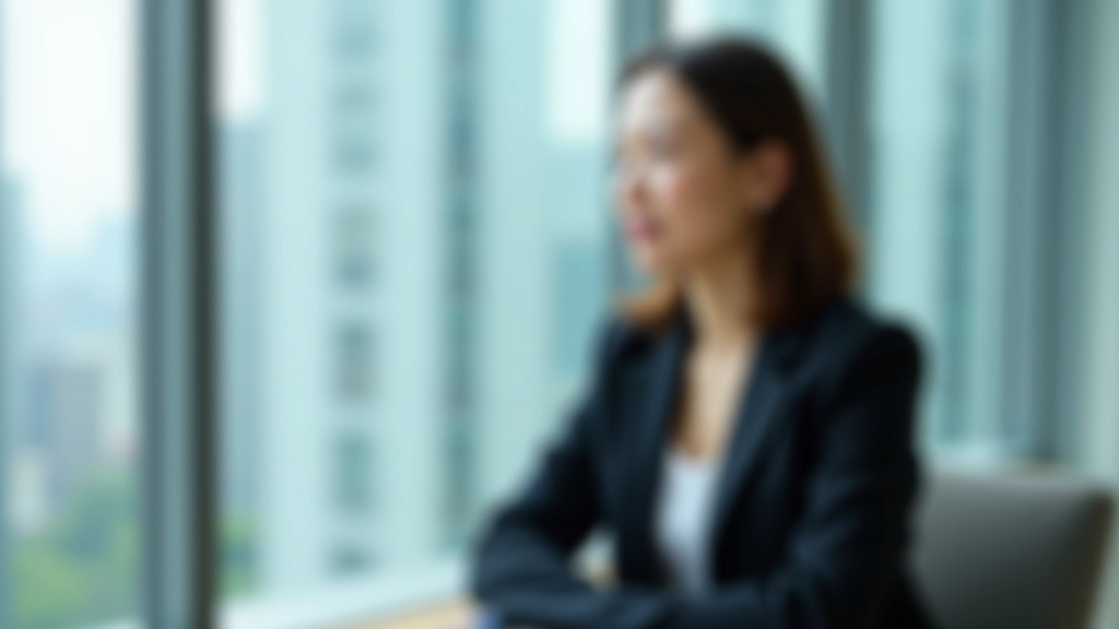 Person in professional attire sitting by window in modern office, looking thoughtful and calm